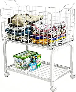 2-Tier Rolling Laundry Basket Cart with Wheels,Bathroom Laundry Hamper Cart with Handle and Divider,Multi-Purpose Storage Organizer for Laundry Room, Bathroom, Kitchen, Bedroom