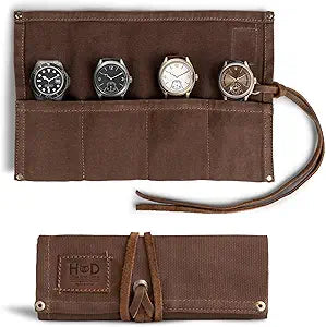 Hide & Drink, Waterproof Waxed Canvas Travel Watch Roll Organizer with 4 Slots, Easy Carry On Watchlover Storage, Handmade Travel Case, Honey Bourbon