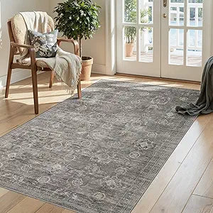 Rugxara 3x5 Rug for Entryway Bedroom, Grey 3x5 Washable Area Rug, Vintage Retro Boho Throw Rug, Non Slip & Low Pile Small Carpet for Indoor Kitchen, Bedside, Living Room, Bathroom and Dining