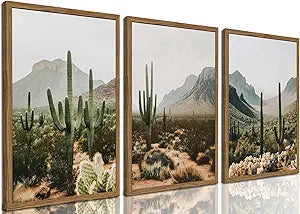 Framed Desert Landscape Wall Art Set of 3, Vintage Southwestern Cactus Wall Decor Paintings, Mexican Mountain Botanical Pictures Canvas Prints for Living Room Bedroom Bathroom Office 16x24 inch