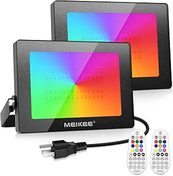 MEIKEE 150W RGBW LED Flood Lights Outdoor, 1500W Eqv Dimmable Wall Flood Lighting, IP66 Waterproof Color-Changing Stage Lighting for Christmas Halloween Party Stage, 2-Pack