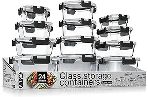 Bakken Borosilicate Glass Food Storage Containers with Lids 24 Pieces, BPA-Free Stackable Lunch & Leftover Containers, Microwave, Freezer & Dishwasher Safe, 100% Airtight Leak-Proof, Black