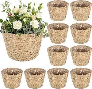 10 PCS Seagrass Plant Baskets with Plastic Liners, Woven Planter Basket Set for Indoor and Outdoor Plants, Wicker Flower Pot Covers Plant Container sand Storage Baskets for Home and Farmhouse Decor