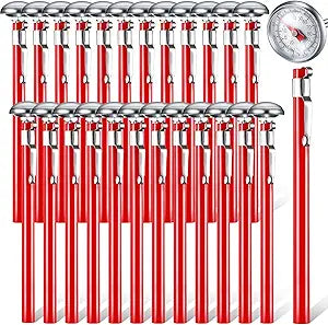 Xuhal 24 Pcs Stainless Steel Kitchen Thermometer with 5 Inch Long Stem 1 Inch Dial Thermometer Milk Frothing Food for Oven Probe Meat Grill BBQ Cooking Chocolate Water (Red)