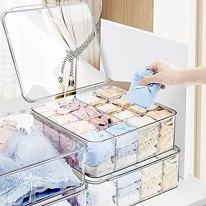 2pcs Sock Underwear Organizer, Sunoyar 16 Compartment Adjustable Dividers Tie Bras Socks Underwear Drawer Organizers for Closet, Clear Plastic Storage Containers Box with Lids for Ties Bra Scarf Socks