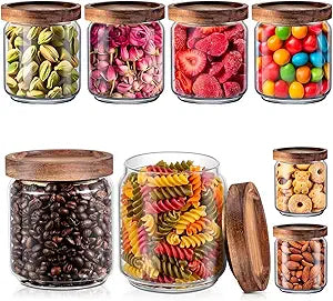 Irenare 8 Pack Glass Containers Canister Set, 17 oz Food Storage Spice Jars with Airtight Lids, Clear Kitchen Containers for Coffee Sugar Tea Beans Nuts Candy Pantry Organization (Wood)