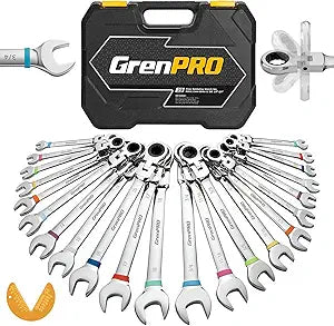 GRENPRO 23PCS Flex-Head Ratcheting Wrench Set, Combination Ratchet Wrenches Set Metric and Standard & SAE with Organizer Box, 6-18mm & 1/4" to 3/4" with Color Ring, CRV Socket Mechanic Tools Sets