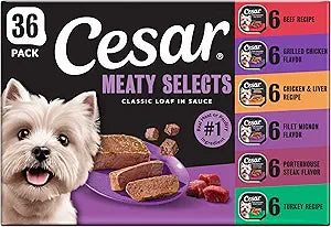Cesar Wet Dog Food Classic Loaf in Sauce Grilled Chicken, Filet Mignon, Porterhouse Steak, Beef, Chicken & Liver and Turkey Variety Pack 3.5 oz. Easy Peel Trays (36 Count, Pack of 1)