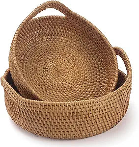 Rattan Storage Basket, Hand Woven Fruit Basket with Handles, Wicker Serving Basket, Bread Basket, Decorative Baskets for Organizing, Set of 2