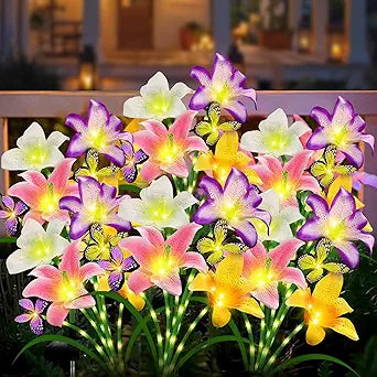 Solar Lights Outdoor, Gift for Women Mom Grandma Wife, 6 Pack 24 Solar Lily Flower Lights With 16 Butterfly Decor Solar Flower Lights Waterproof Outside Decor Stake Light for Landscape Yard Patio Lawn