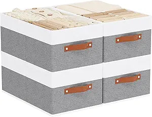 Storage Basket for Shelves, Closet Bin with Handles, 18.5117.9inch Open Foldable Baskets, Fabric Containers Clothes Boxes for Organizing, White and Grey, 4-Pack