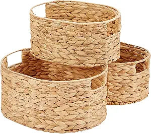 Vagusicc Wicker Basket, 3-Pack Hand-Woven Water Hyacinth Wicker Storage Basket with Handles, Large Woven Storage Baskets for Shelves, Round Storage Baskets for Organizing & Decor