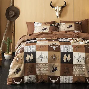 Wake In Cloud - Western Comforter Set, Southwestern Aztec Country Horse Cowboy Rustic Ranch Pattern Printed, Soft Lightweight Bedding, 3 Pieces, Tan Brown, Twin/Twin XL Size
