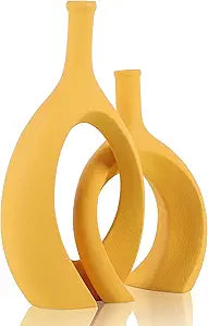 WUBIANJIE Yellow Ceramic Vase - Modern Boho Decor, Mustard Yellow, Round, Anti-Slip Base, Perfect for Living Room, Bedroom, Bathroom