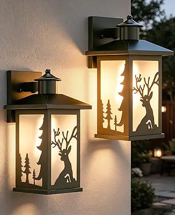 JAYNLT 2 Pack Outdoor Wall Sconce, Waterproof Exterior Wall Lights Fixtures, Porch Lights Anti-Rust with Toughened Frosted Glass, Deer Pattern and E26 Socket for House, Garage, Patio,Front Door