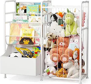 BBLIKE Kids Bookshelf and Stuffed Animal Storage - Multi-Function Nursery Book Shelves with Leather Toy Box and PVC Book Display, Toy Organizer for Playroom, Bedroom, Nursery, White