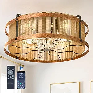addlon 20" Boho Ceiling Fan with Light and Remote, Woven Caged Low Profile Bladeless Ceiling Fans, Flush Mount Bohemian Fandelier Ceiling Fan, 6 Speed, Reversible for Bedroom, Living Room, Kitchen