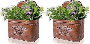 CVHOMEDECO. Farmhouse Metal Wall Planter Rustic Galvanized Flower Holder Wall Mount Flower pots for Indoor, Outdoor and Wall Decor, Set of 2 (Rusty)