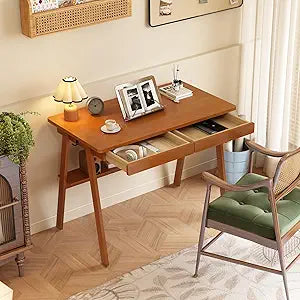 Solid Wood Desk with Drawers - 39.4 Inch Mid Century Modern Desks with Storage Shelf, Small Writing Desk for Small Spaces, Home Office Desks for Bedroom & Home, Walnut Color