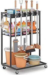 Broom Holder with Cleaning Supplies Organizer, Broom Closet Storage Cabinet with Mop Hanger Gripper Rack Hooks, Cleaning Housekeeping Janitorial Cart with Cleaning Caddy, Laundry Room Organization