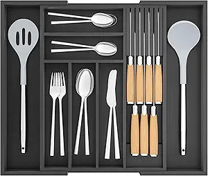TIOPGHAD Bamboo-Silverware-Drawer-Organizer-Kitchen, Expandable Utensil Holder Cutlery Tray Flatware Organization Adjustable Wood Tableware Dividers Storage (with Removable Knife Block)(Black)