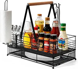 Grill Caddy, BBQ Caddy with Paper Towel Holder, Blackstone Griddle Organizer, Plate and Utensil Holder Organizer for Outdoor Grill, Picnic, Camping, Condiment Storage for Kitchen Counter