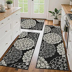 Vaukki Floral Kitchen Rug Sets of 3, Non Slip Kitchen Mats for Floor, Soft Machine Washable Kitchen Rug Runner, Farmhouse Kitchen Floor Carpet for Kitchen, Laundry (Black, 20"x32"+20"x48"+20"x59")