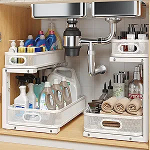 2 Pack Under Sink Organizer With Smooth Cylindrical Rail,2-Tier Pull Out Multi-Purpose Cabinet Storage for Bathroom&Kitchen,Height Adjustable,Rust-resistant Coating-White