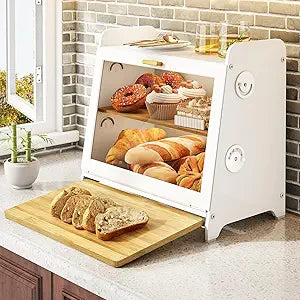 SNTD Bread Box for Kitchen Countertop, Airtight Homemade Bread Storage Container with Adjustable Vent Holes, Bamboo Cutting Board (White, L)