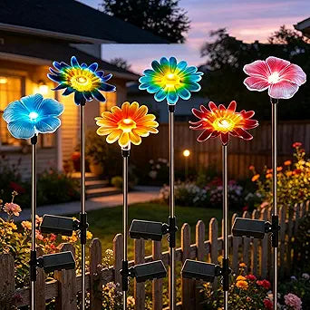 6 Pack Solar Garden Lights Outdoor Decor,Stake Yard Figurine Colorful Flower Light, Housewarming Ornament for Patio, Lawn, Yard, Pathway (Art Deco)