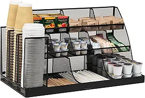 Mind Reader Cup and Condiment Station, Breakroom Countertop Organizer, 3-Tier Storage for Office Coffee Stations and Shared Spaces, Metal Mesh, Black
