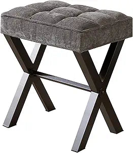 Royal Windsor Vanity Stool,Square Ottoman Stool Foot Rest,Upholstered Vanity Chair Foot Stool with Metal X Legs, Small Vanity seat for Entryway,Bedroom and Living Room,Linen Dark Grey