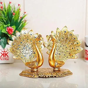 Metal Double Lovers Peacock Statue, Showpiece Figurine- Standard, Gold, (25 Cm, 16 Cm) 15.5L x 9.5W x 25H Centimeters