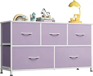 WLIVE Dresser for Bedroom with 5 Drawers, Wide Chest of Drawers, Fabric Dresser, Storage Organizer Unit with Fabric Bins for Closet, Living Room, Hallway, Purple