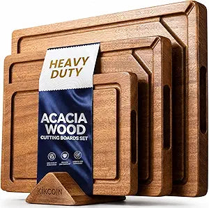 Acacia Wood Cutting Boards for Kitchen, Kikcoin 3 PCS Wooden Cutting Board Set with Holder, Chopping Board with Compartments and Juice Groove, Solid Charcuterie Boards Serving Tray Wood Butcher Block