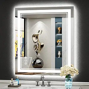 28x32 LED Bathroom Mirror with Lights, Backlit and Front Lit Anti-Fog Lighted Vanity Mirrors for Bathroom Wall, Dimmable, 3-Color Light, Memory, Shatter-Proof, HD Tempered Glass, CRI90