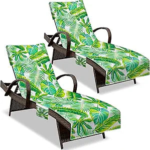 Lounge Chair Towel Cover, (Pack of 2), Beach Chair Cover with Pockets, Pool Chair Covers for Outdoor Beach Furniture Sun Lounger, No Sliding, 85 X 30 in, Green Palm Leaves