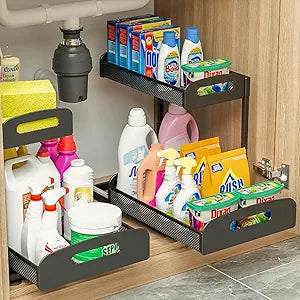 YASONIC 2 Pack Under Sink Organizer, 2 Tier Height Adjustable Kitchen Cabinet Organizer, Pull Out Metal Cabinet Shelf Organizer, Under the Sink Organizers and Storage for Kitchen & Bathroom, Black