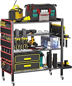 Ultrawall Power Tool Organizer Cart, 4-Tier Rolling Tool Storage Stand with Wheels, Garage Floor Tool Holder with Side Storage Pockets, Gift for Men