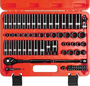 3/8 Inch Drive Impact Socket Set, 72 PCS Standard SAE(5/16"- 3/4") & Metric(8-22mm) With Spark Plug, 6 Point Deep & Shallow, 72T Wrench Ratchet Tool Kit, Cr-V With Heavy Duty Storage Case