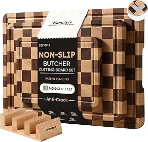 3 Packs Cutting Boards for Kitchen Checkered Cutting Board Acacia Wood Charcuterie Board Serving Heavy Duty Non Toxic Slip Butcher Block Wood Chopping Board with Juice Grooves Handles