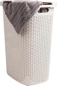 Mind Reader Slim Laundry Hamper with Lid, 60L Tall Clothes Basket, Narrow Tapered Design for Bathrooms, Closets and Laundry Rooms, Plastic, Ivory