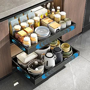 Mustorn 2 Pack Pull Out Cabinet Organizer, Expandable Slide Out Drawers for Kitchen Cabinets Peel and Stick Pullout Drawer Heavy Duty Sliding Shelves for Cupboard, Pantry, Bathroom(16.5" Deep, Black)