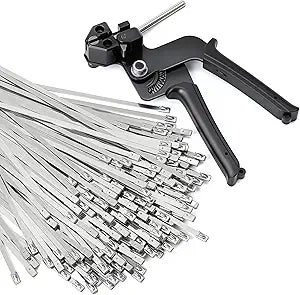 Stainless Steel Cable Tie Gun Kit With 200 Pcs 11.8" 304 Metal Zip Ties. Heavy - Duty Self - Locking Tool for Fence Repair, Exhaust Pipe & Outdoor Cable Mgmt. Adjustable Tension, Flush Cutting