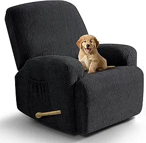 VANSOFY Oversized Recliner Chair Covers, 4-Pieces Stretch Recliner Cover Jacquard Soft Reclining Chair Slipcover Furniture Protector with Elastic Bottom for Lazy Boy Recliner(Black)