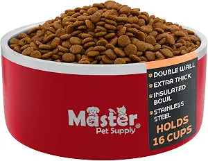 Master Pet Supply Stainless Steel Dog Bowls - 128 oz, Heavy Duty - Crimson Flame, Double Wall Extra-Thick Insulated, Non-Slip Pet Water Bowl for Dogs, Cats & Pets, Anti Rust Metal, Dish Washer Safe