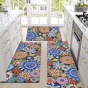 Likiyol Boho Kitchen Rugs, Boho Floral Anti Fatigue Kitchen Mat for Floor, Bohemian Flowers Non Slip Washable Kitchen Floor Mats, Comfort Standing Mat, 18''x30''+18''x48''+18''x60''