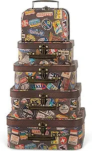 Soul & Lane Paperboard Suitcases with Hinged Lids and Handles - Set of 5 - Decorative Luggage Box, Vintage Photo Prop, Paper Mache Nesting Storage - Decor for Wedding & Travel Themed Party