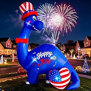 8FT Patriotic Dinosaur Inflatable,4th of July Blow Up Brachiosaurus Built-in LED Lights,Top Hat Bow Tie & Heart Design,Waterproof Outdoor Yard Lawn Garden Decoration for Independence Day Holiday Party