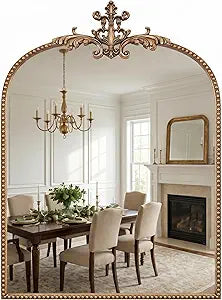 Large Retro Gold Antique Arched Mirror for Wall Decor - 24"X32" Vintage Baroque Traditional Wall Mirror with Ornate Beaded Metal Frame for Entryway, Fireplace, Living Room, Bathroom, Bedroom Vanity